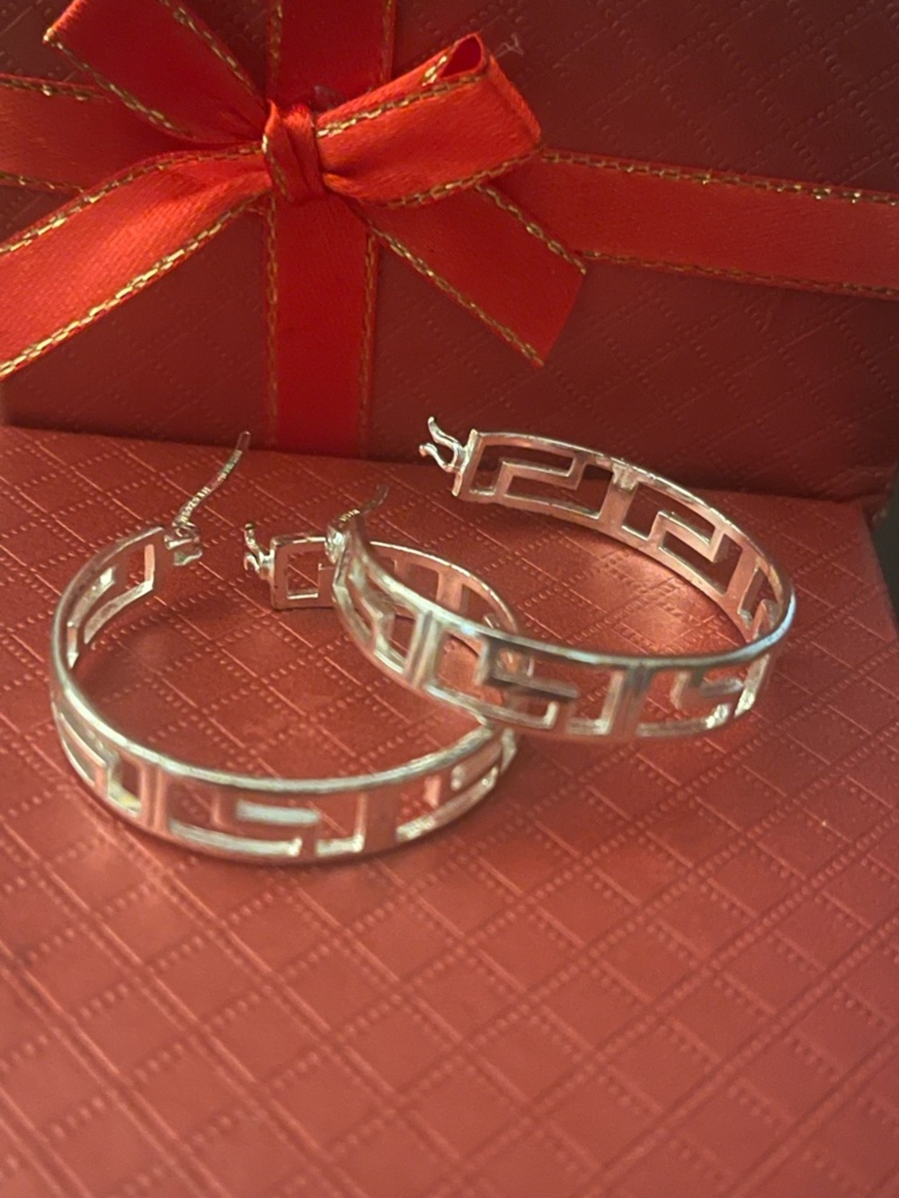 Silver Greek-Key Cutout Hoop Earrings